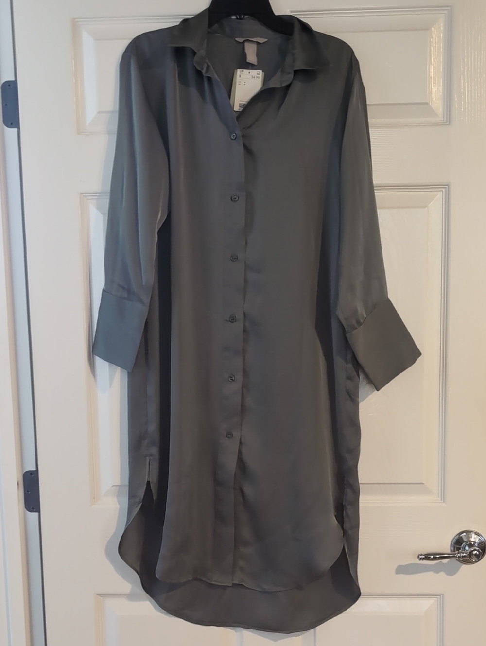 Long Button-Up Satin Shirt Dress in Slate Gray Or Sage Green